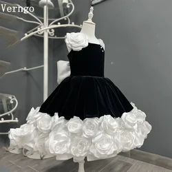 Verngo Black Velvet Girl Flower Dress 3D Flowers A Line Ball Gown Bow Back Sequined Birthday Party Dresses Kid Customized