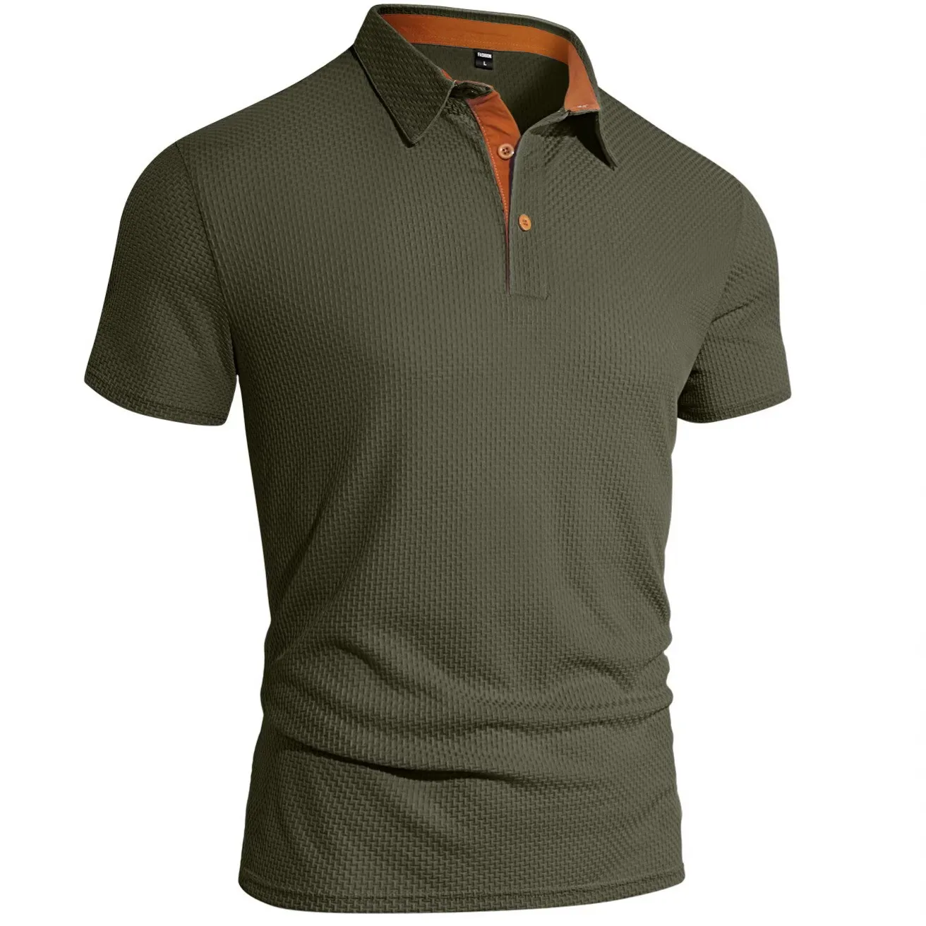 

Men Clothes Shirt Slim Fit Short Sleeve Contrast Collar Button Placket Men T-shirt Solid Color Orange Inner Collar Men's Casual