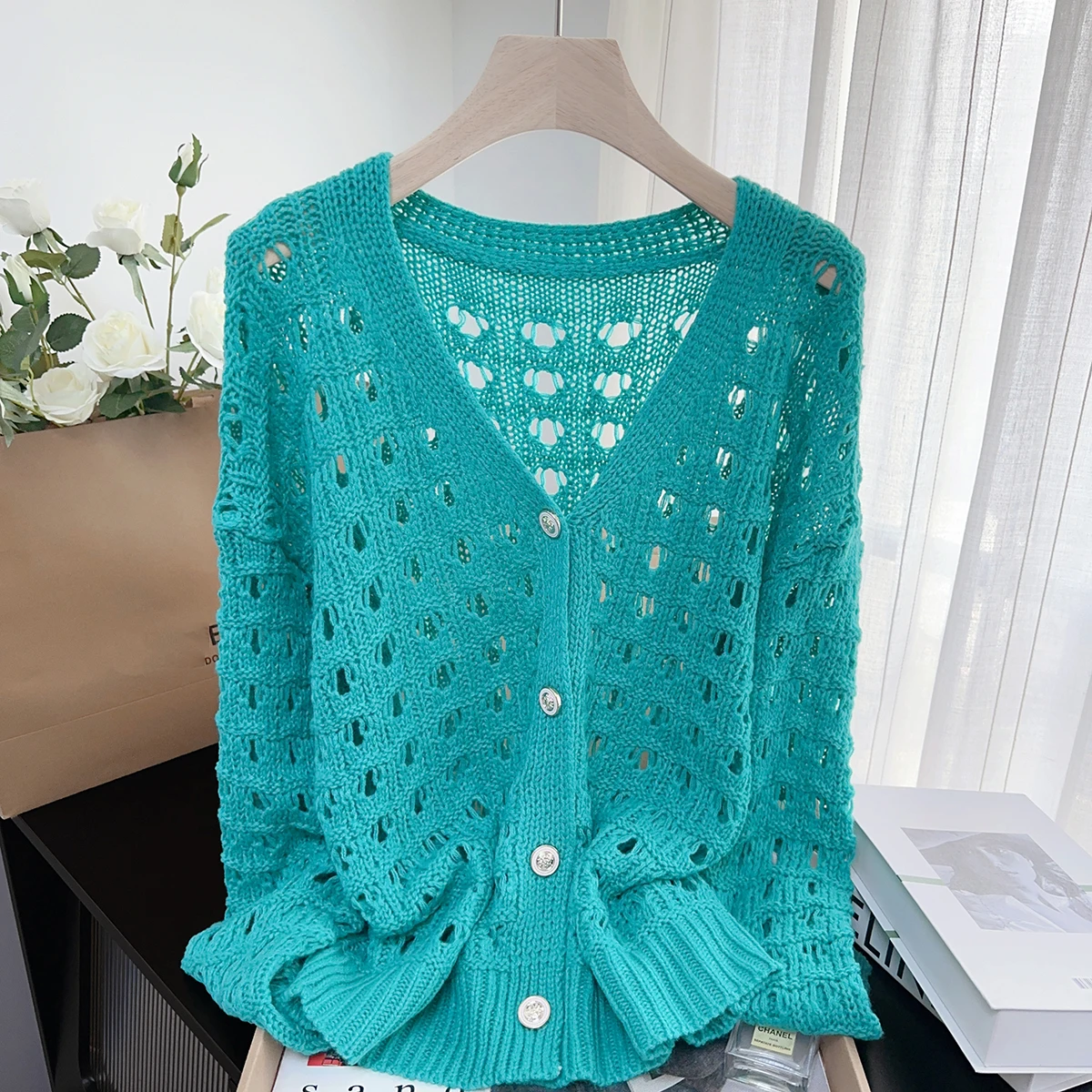 

Korean Style Hollow Out V-Neck Knitted Cardigan for Women 2025 New Loose Retro Solid Long Sleeve Sweater Coat Versatile Tops