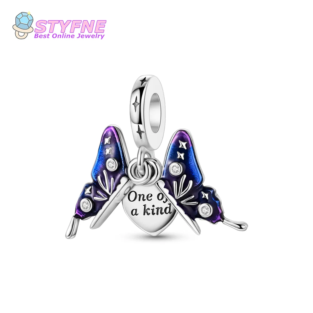 925 Sterling Silver Blue Purple Butterfly Message Tag Pendant Beads Charms fit Bracelets and Necklaces Dangle Pendant Fine Jewel