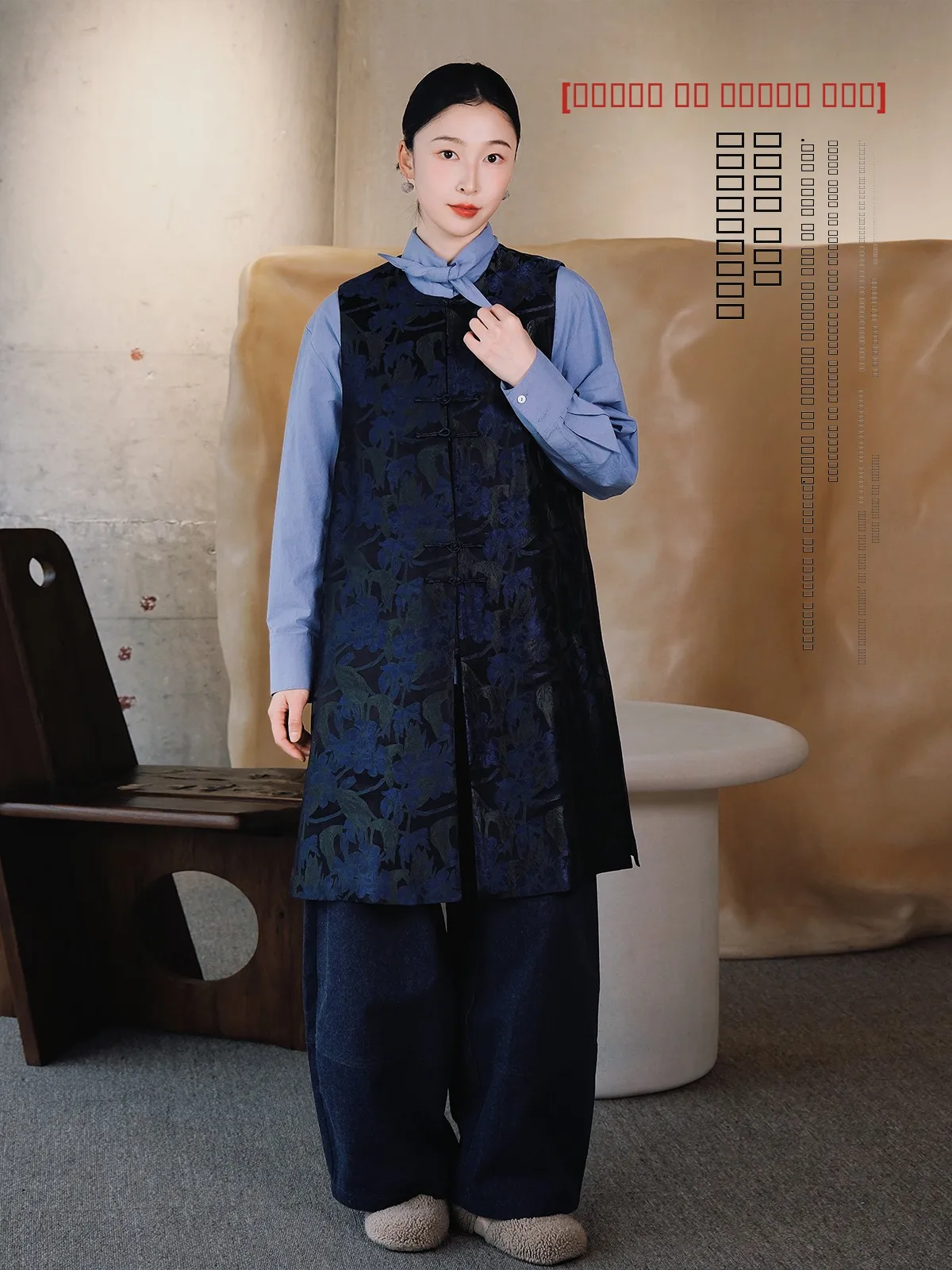 

ChenBei Silkworm Silk Brocade Jaet Vest Mid-Length Button-Up Bal Plant Floral Print Women's Outerwear Faionable Autu...