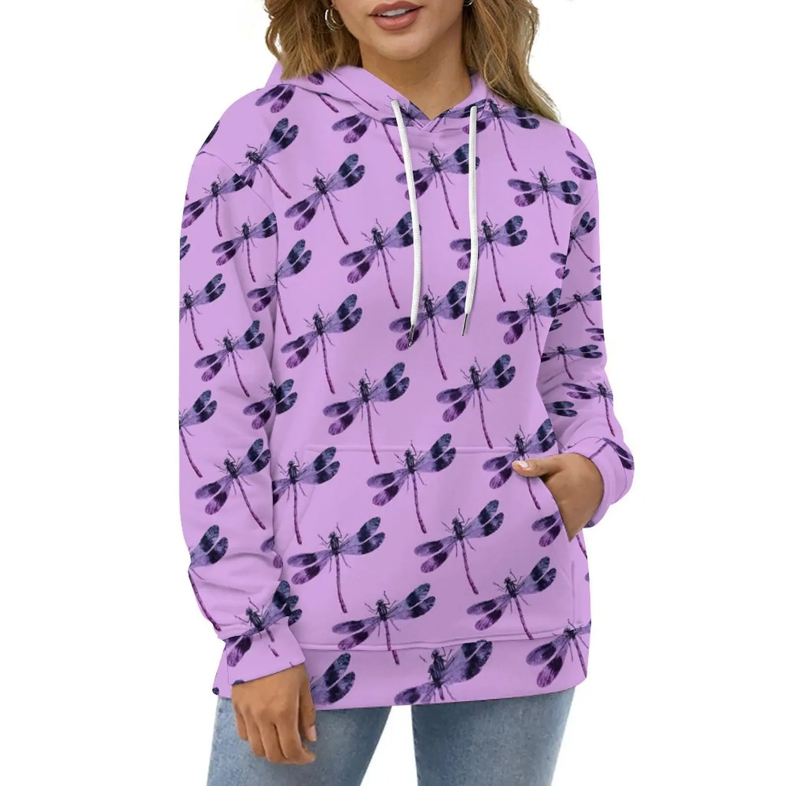 Lavender With Dragonfly Hoodies Animal Print Hip Hop Casual Pullover Hoodie Long Sleeve Modern Graphic Hooded Sweatshirts Gift