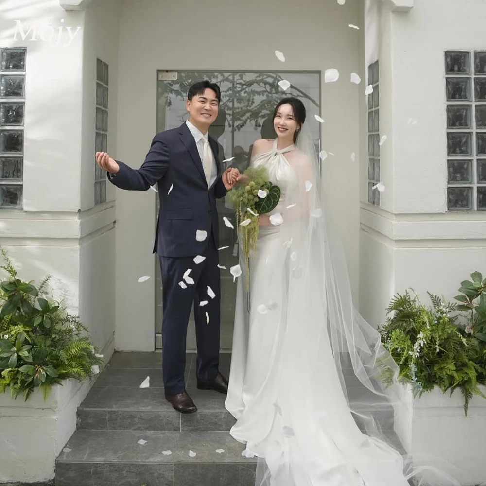 

Mojy Fairy Tulle Wedding Dresses Photo shoot Korea Flowers Halter Train Garden Bridal Gowns Corset Customized