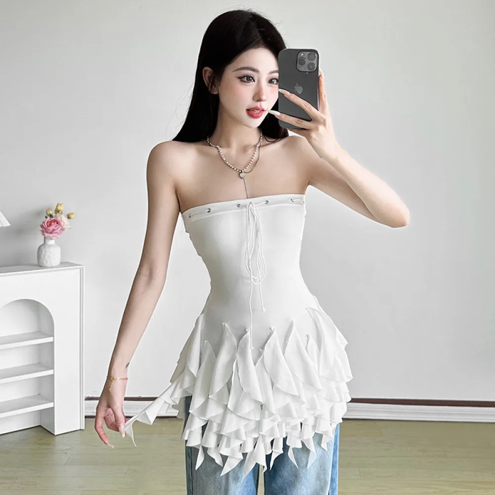 SylCue Y2K 스위트 스타일 스트랩리스 탑 여성용 비대칭 오프숄더 패치워크 러플 리본 허리라인 트렌드 슬림핏 의상