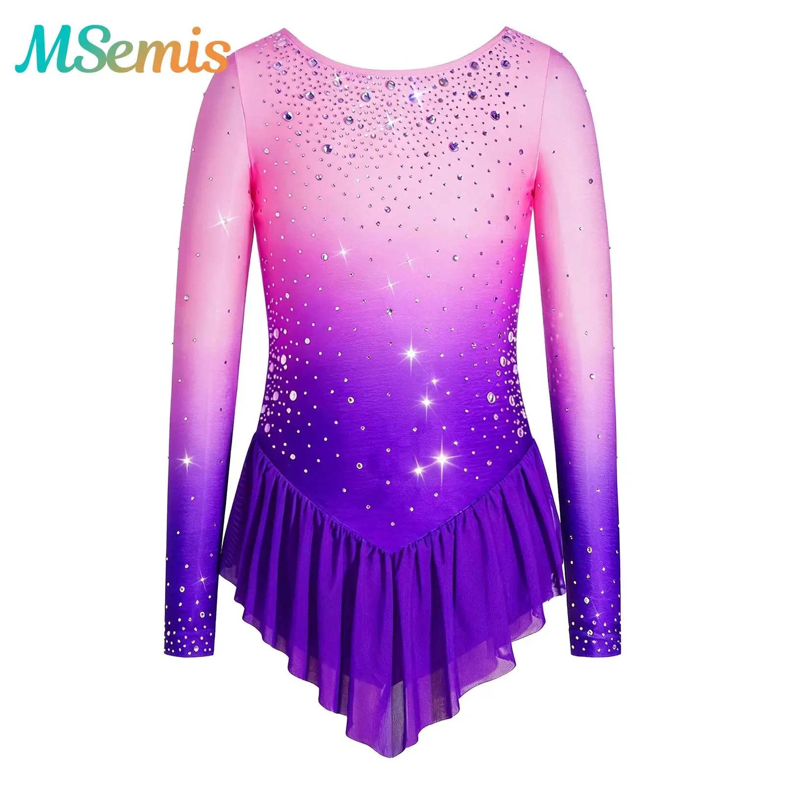 Kinder Mädchen Ombre Farbverlauf Gymnastik-Trikot Eiskunstlauf Ballett Tanzkostüm Langarm Netzrock Kleid Aufführungskleidung