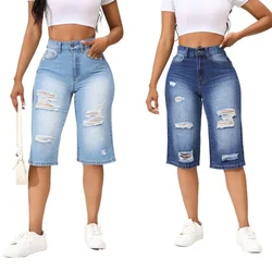 2024 Summer New High Stretch Calf-Length Jeans For Women Fashion Ripped Slim Fit Butt Lift Denim Straight Legs Casual Clothing