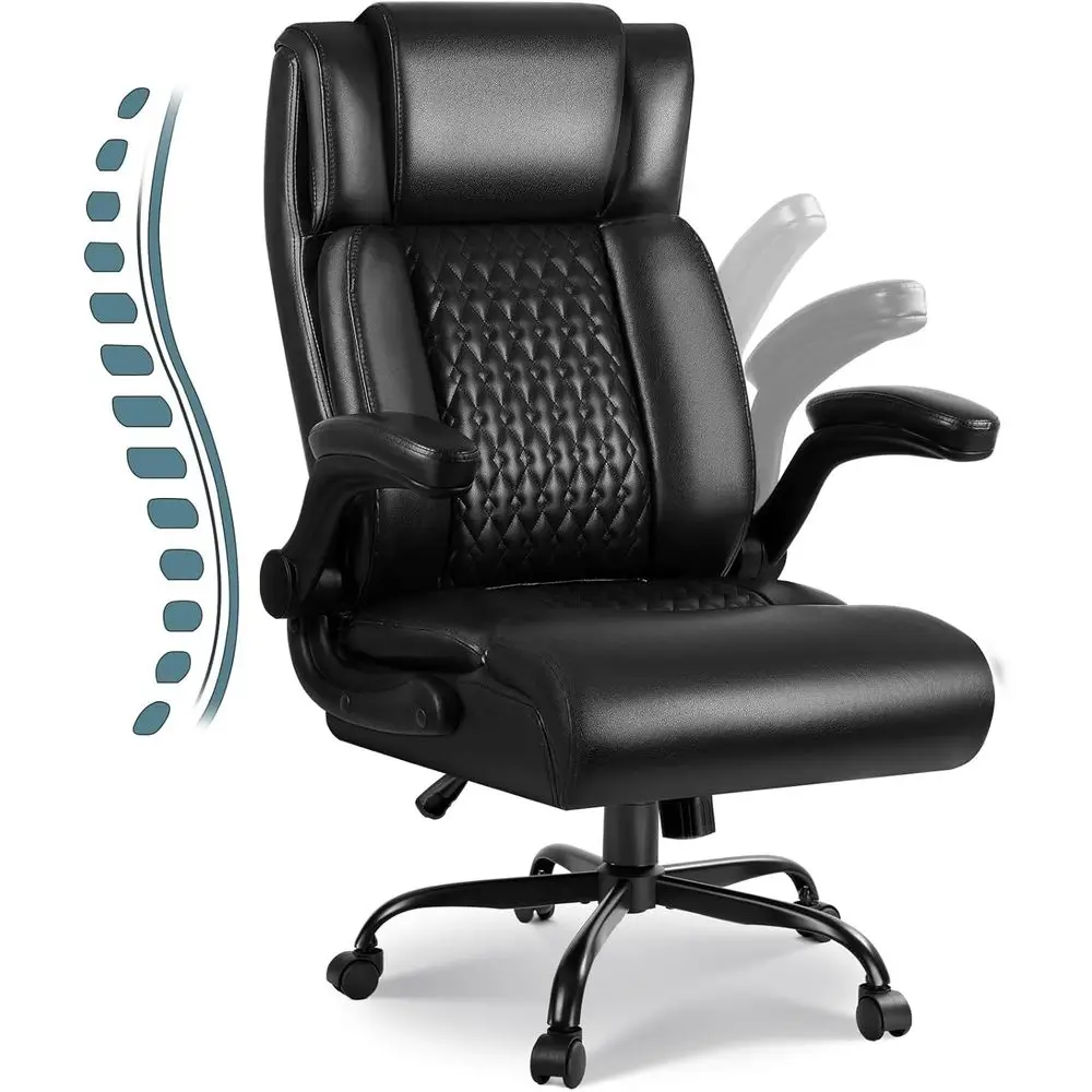 Ergonomic High-Back Office Chair for Adults, Padded Swivel Leather Gaming Chair with Adjustable Arms (Black)