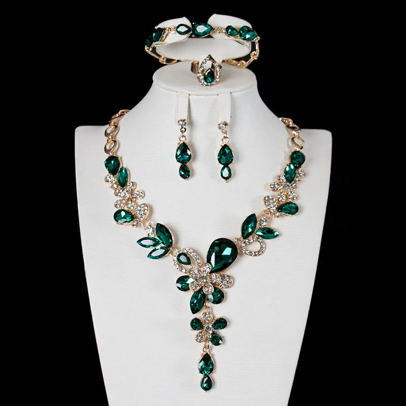 

4 pieces - green crystal necklace, bracelet, earrings and ring set. Wedding accessories. Gift for wife.