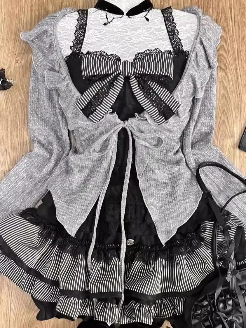 

Manfiido ey Ruffle Sve Открытый кардиган Knot Splice Strap Bubble ort Юбка Комплект футболок Cute Sle Long Sve