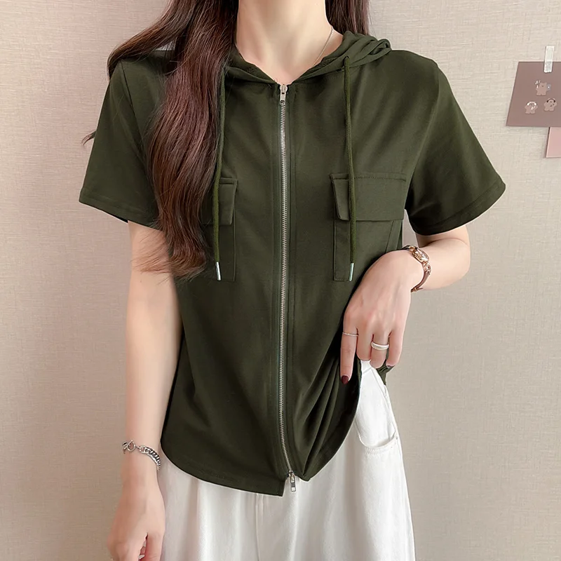 XL-4XL Large Size Hooded T-shirt Women Summer Korean Double Zipper Short Sleeve Oversize Hoodies Tops Solid Color Fashion Tshirt