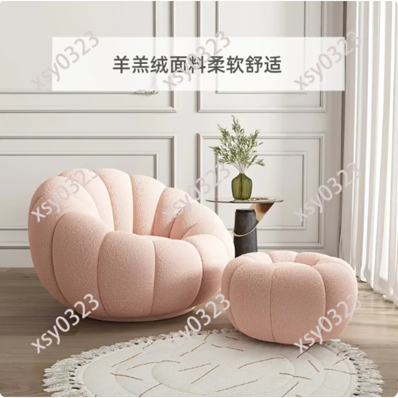 360° Swivel Pumpkin Lazy Sofa Sherpa Fabric Single Recliner Chair for Living Room Comfortable Rotating Seat with Footrest