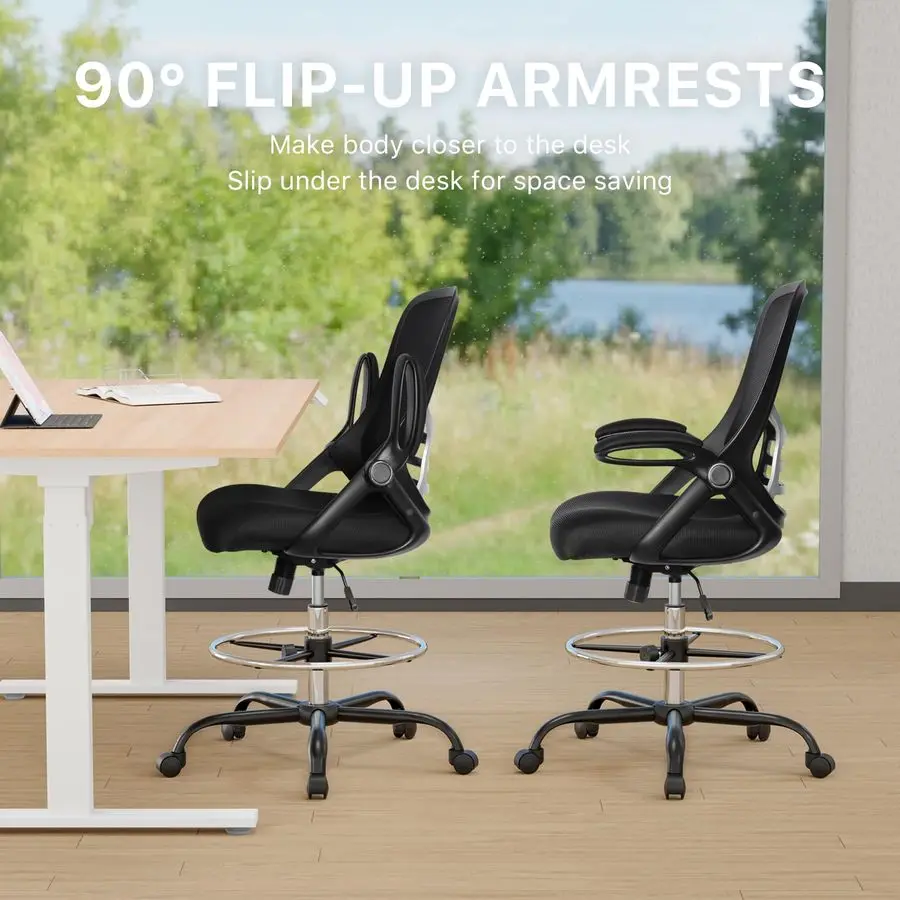 كرسي صياغة طويل القامة كرسي مكتب شبكي عالي الظهر مع حلقة مسند للقدمين قابلة للتعديل وأذرع قابلة للطي (Bl)