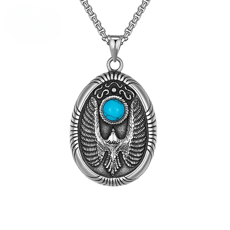 

Popular titanium steel men's necklaces, motorcycle tags, blue eagle inlaid turquoise pendants in Europe and America