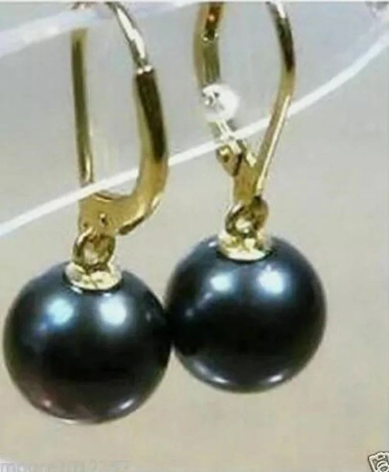 

charming AAA 10-10.5mm tahitian round black pearl earring 14K Yellow Gold Fashion Jewelry