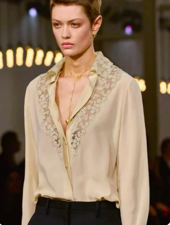 Designer Champagne Silk Crepe Blouse Vintage Embroidered Lace Yoke Long Sleeve Shirt High End Lady Top