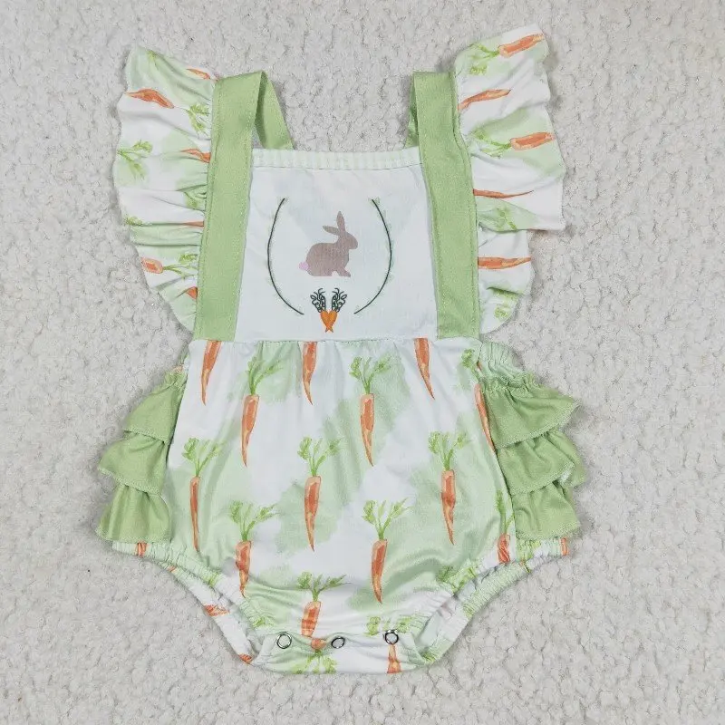 

New rts baby girls easter girls rompers wholesale boutique bunny carrot Print sleeves green girls romper