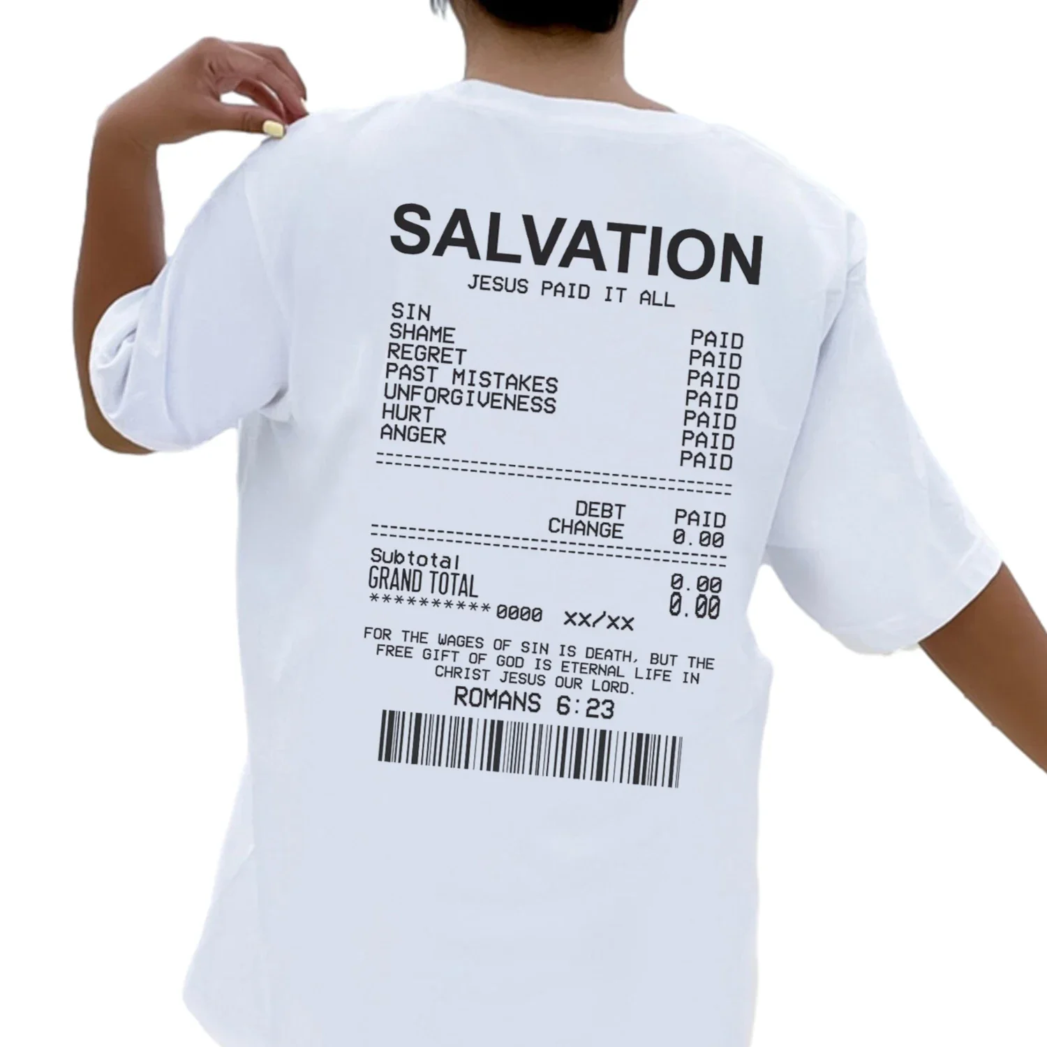 Women Salvation Back Print Bible Verse T-Shirts Oversized Funny Streetwear Christian T Shirts Jesus Faith Tees Gifts Unisex Tops