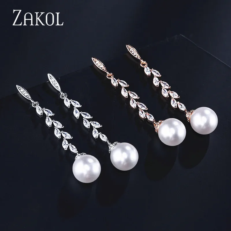 ZAKOL Fashion Round Imitation Pearls Drop Earrings for Women Shinny Zirconia Crystal Leaf Long Bridal Earring Wedding Jewelry