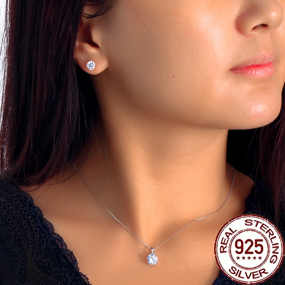 CWWZircons النقي 925 فضة تألق مكعب مستدير من الزركونيوم قلادة بسيطة أقراط للنساء مجموعات مجوهرات الزفاف ST010 #4