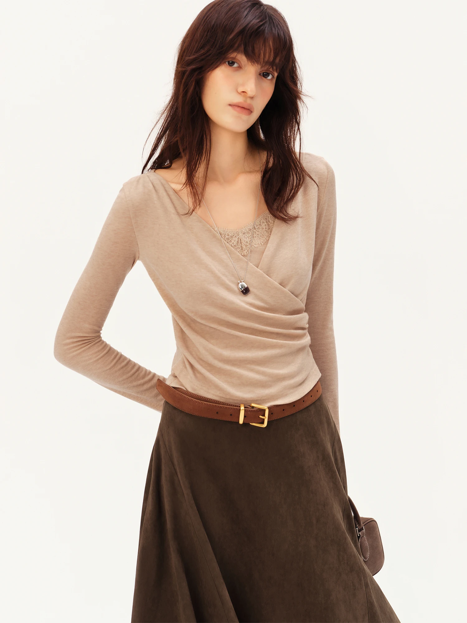 ZIQIAO Casual Lace Splicing Wool Cross V-neck Long-sleeved T-shirt for Women 2026 Autumn New Style Sexy Girls Slim Solid