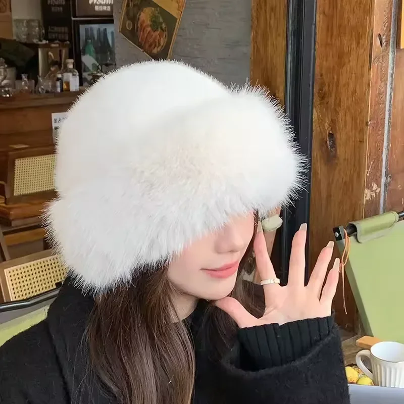 

Winter Plush Hat Women Thickened Warm Bucket Hats Mongolian Hat Brimless Plush Fluffy Skiing Riding Warm Caps