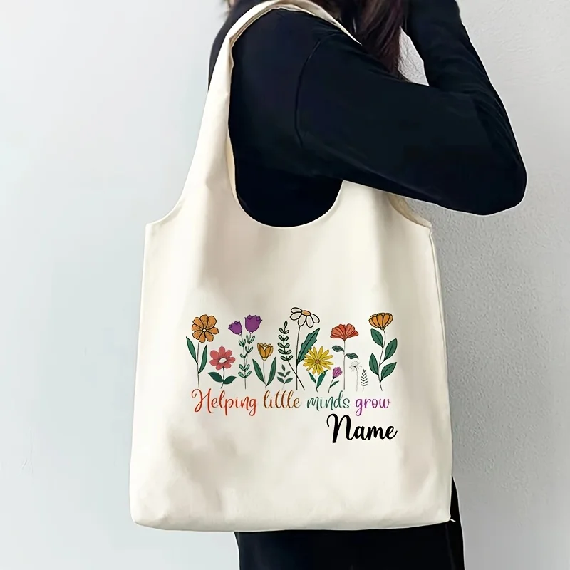 Custom Teacher Tote Bag Helping Little Minds Grow Floral Design Leak Proof Book Bag for Educators Gifts Women's Beggar Bags