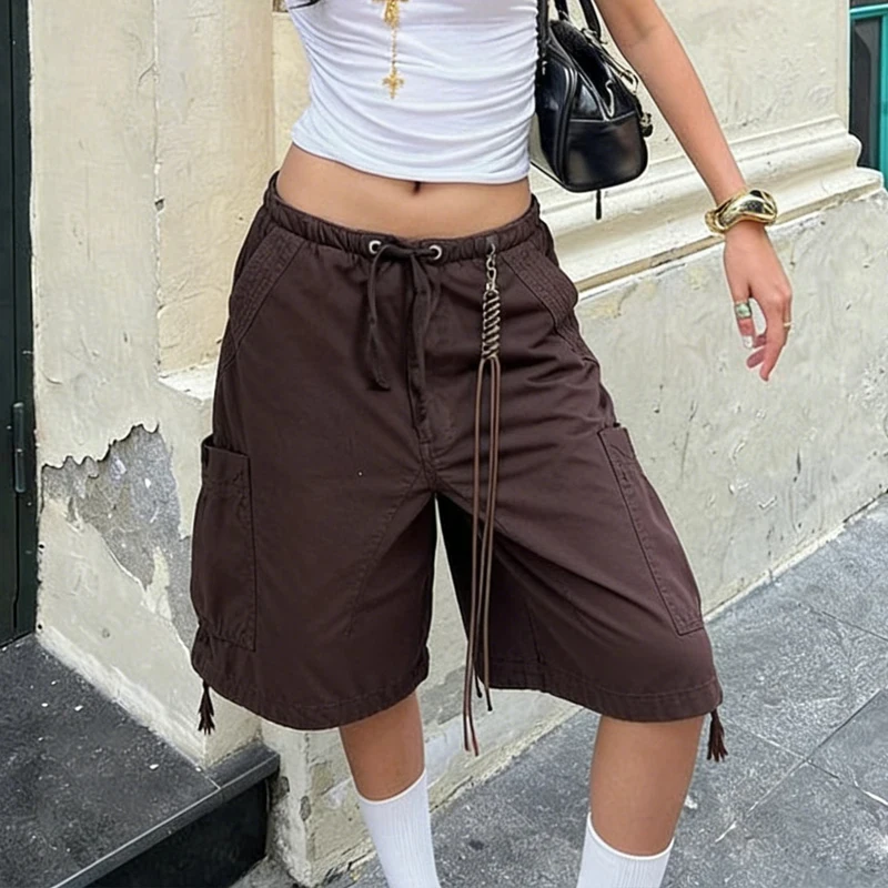 American Retro Y2K Cargo Shorts Women Harajuku Drawstring Low Rise Baggy Knee Length Pants Multi Pocket Casual Streetwear 2026
