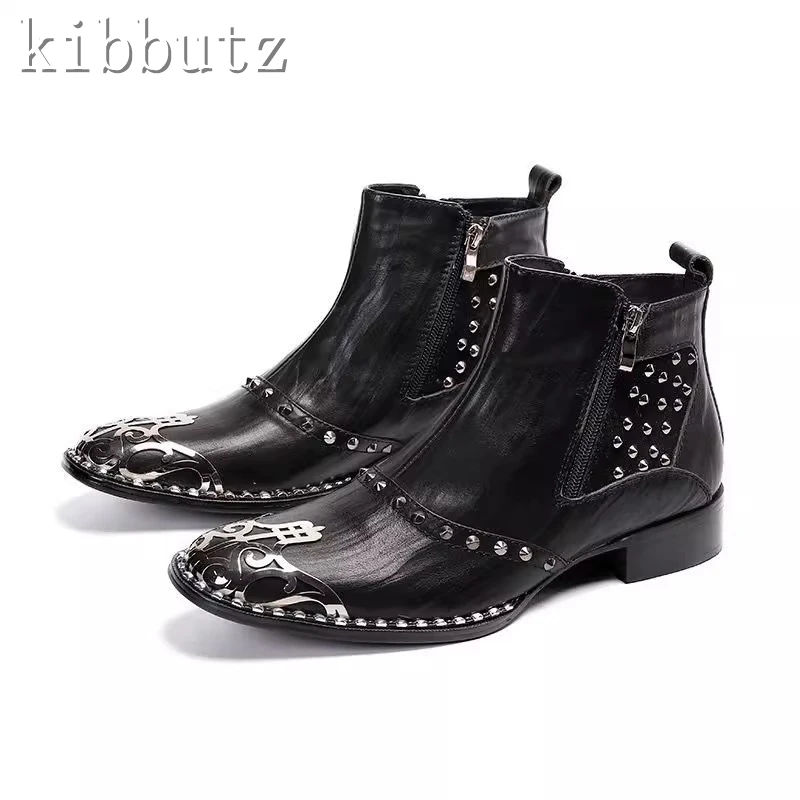 Men's Punk Rivets Genuine Leather Ankle Boots Luxury Round Toe Metal Decor Party Dress Motorcycle Short Boots Fashion