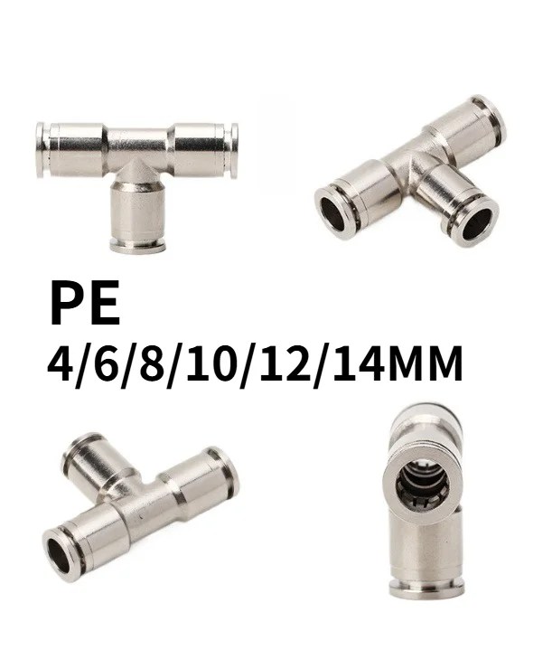 Full Copper Nickel Plated T-Type Pneumatic Fitting, PE Tee Quick Connector 4/6/8/10/12/14mm for Air Compressor Air Tubing System