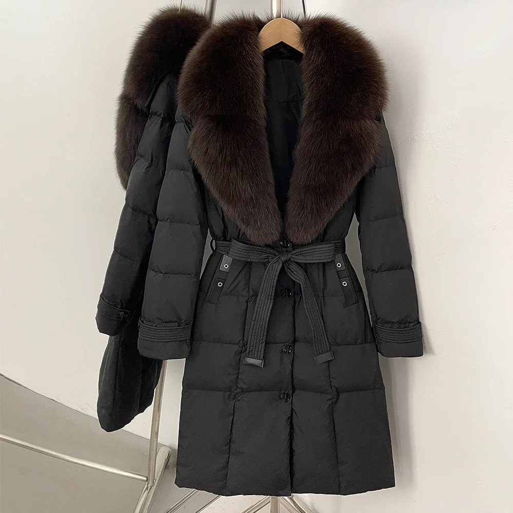 Gola de pele de raposa real pato branco para baixo jaqueta à prova dwaterproof água feminino quente outono inverno puffer jaqueta penas casaco de pele de realidade feminino
