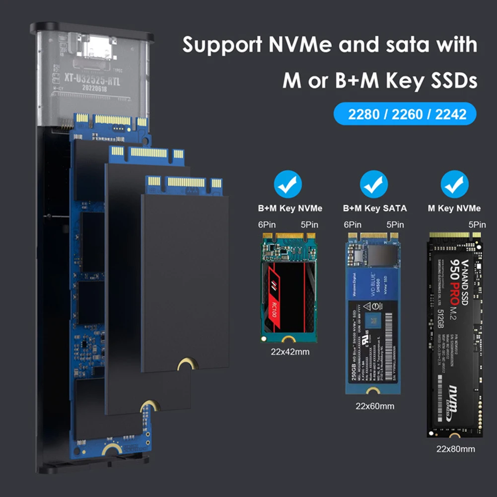 

Адаптер корпуса SSD M.2 NVMe, 10 Гбит/с, внешний корпус M.2 NVMe, бесплатный инструмент для твердотельного накопителя 2230/2242/2260/2280 M.2