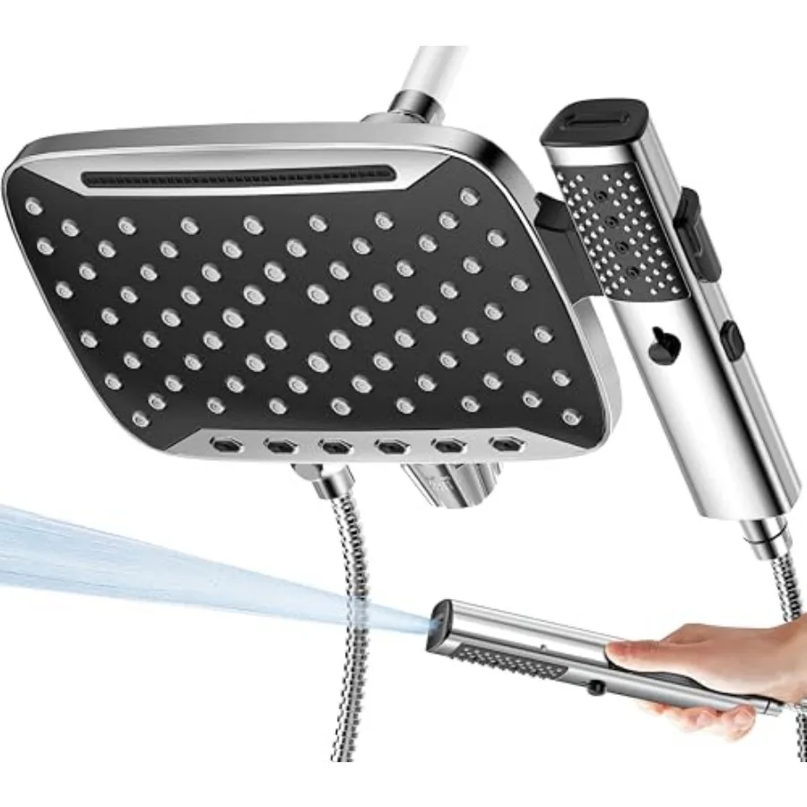 

High Pressure Rain Shower Head with Handheld Spray, 7 Modes Dual Shower Head Combo, 10 Inch Rainfall Showerhead Detachable, Pow