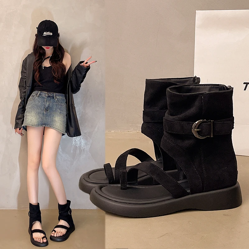 Women Summer Thong Roman Ankle Sandal Boots Platform Retro Suede Buckle Back Zipper Non Slip Rubber Sole Casual Walking Shoes