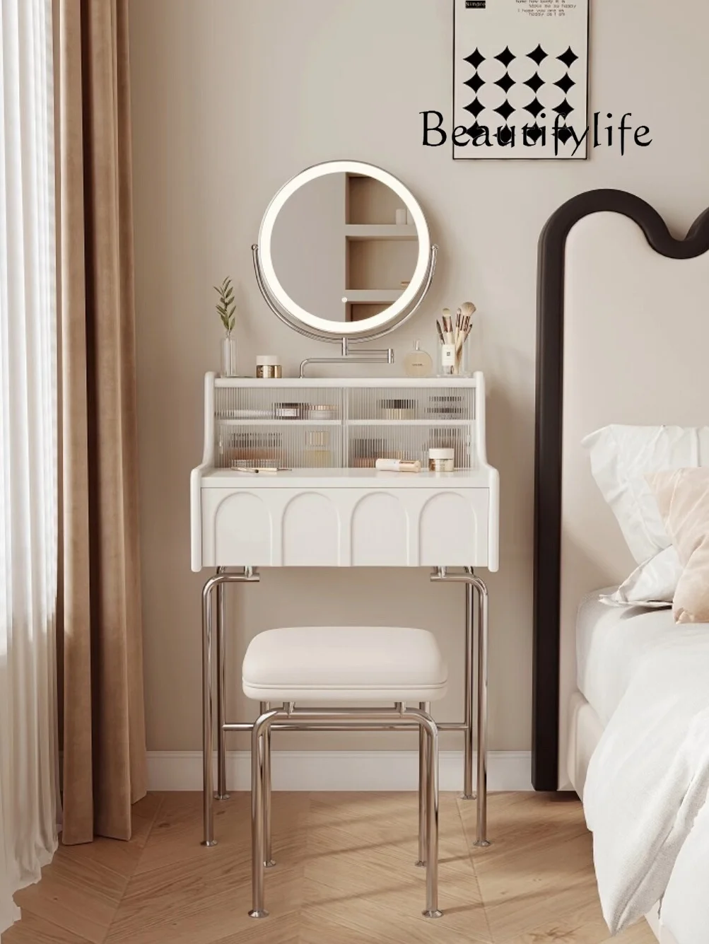 

French Cream Style Small Apartment Solid Wood Dressing Table Bedroom Simple Ultra Narrow Mini Makeup Table