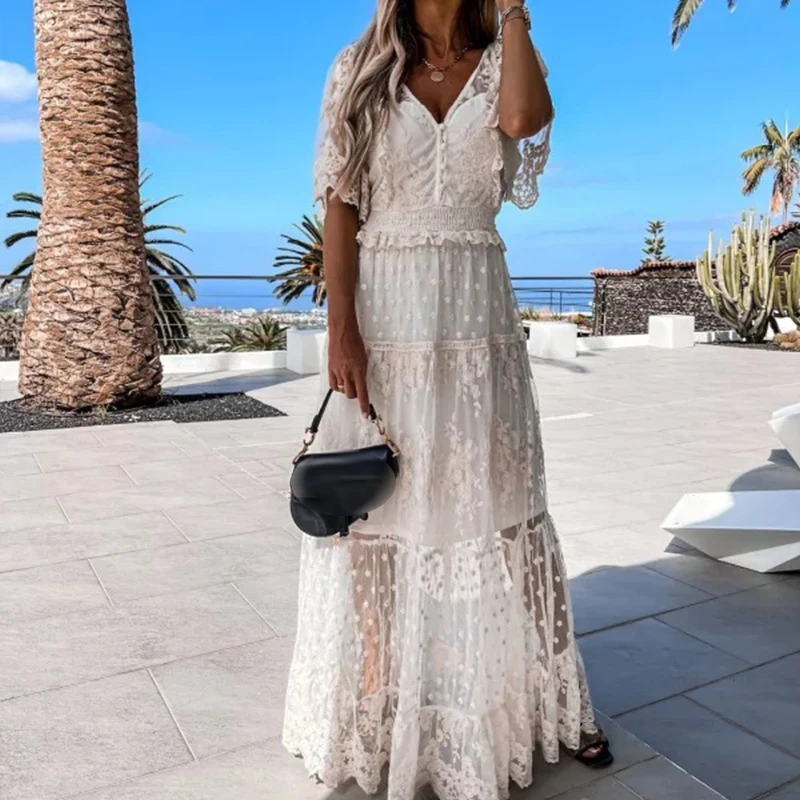 Casual Short Sleeve Solid Beach Dress Women Sexy Crochet Embroidery Pleated Long Dress Elegant V-neck Mesh Hollow Party Dresses