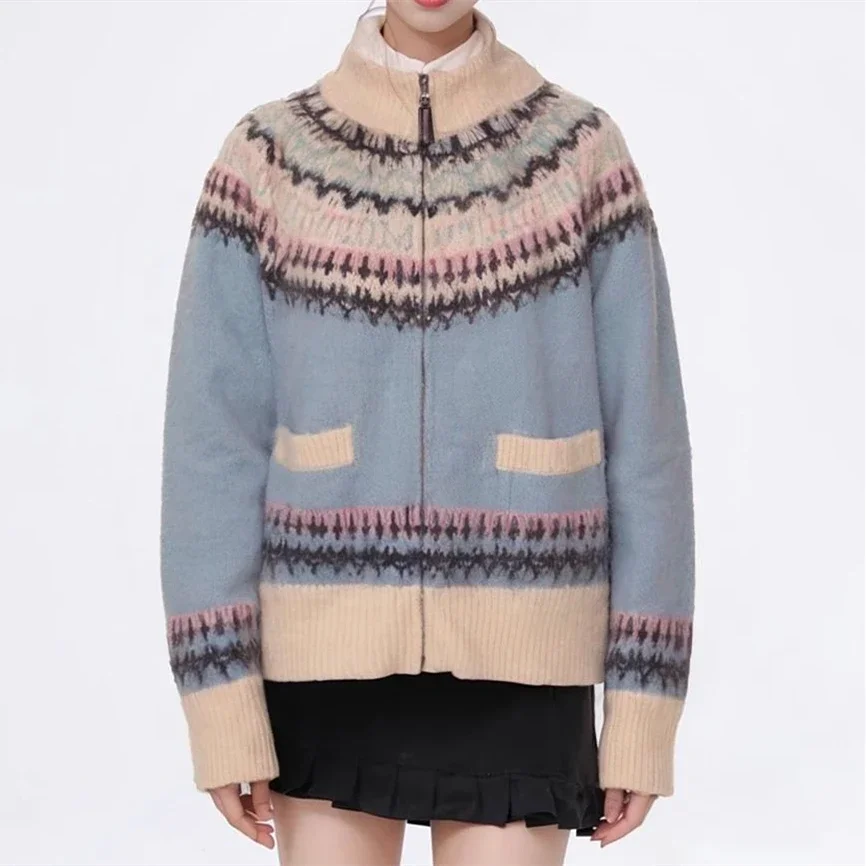 Vintage Stand Collar Knitted Cardigan Fair Isle Sweater Jacket for Women Long Sleeve Jumper Coat Korean Christmas Winter Clothes