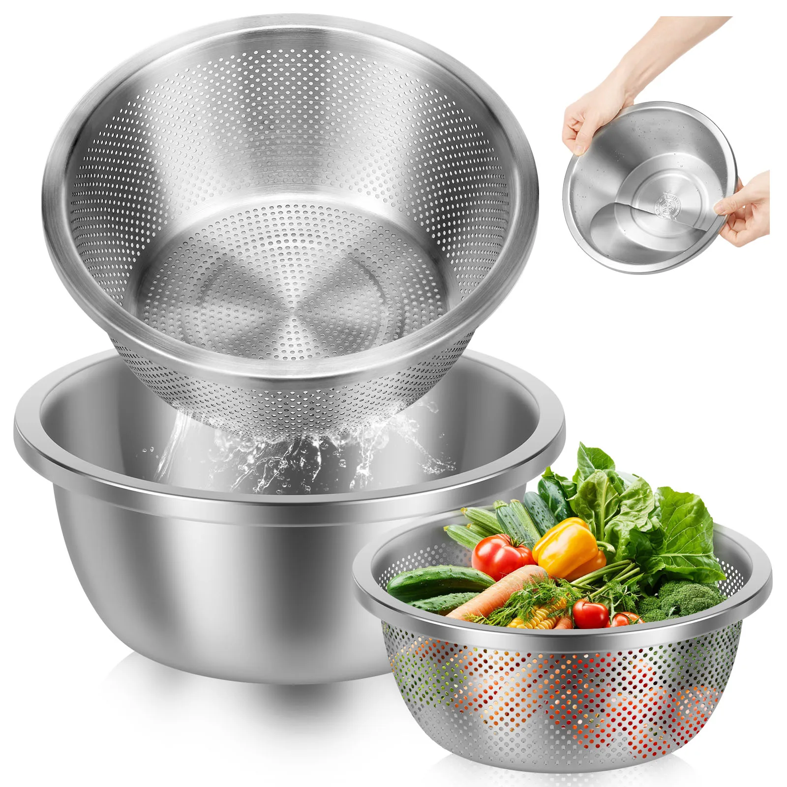 

Корзины для мытья овощей и фруктов, микропористый дуршлаг из нержавеющей стали и набор мисок для смешивания, сито для риса, сетчатый дуршлаг, кухонные инструменты