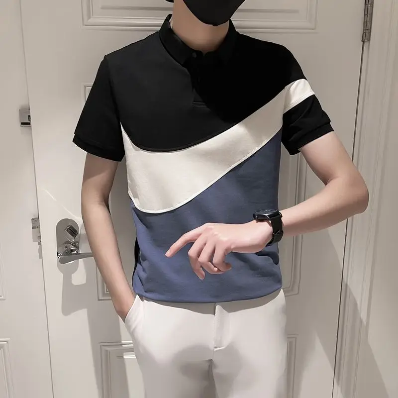 

Color Blocking Golf Shirt CROP TOP POLO Shirt Male Summer Korea Half Sleeve New Lapel Collar Self Cultivation Short Sleeved