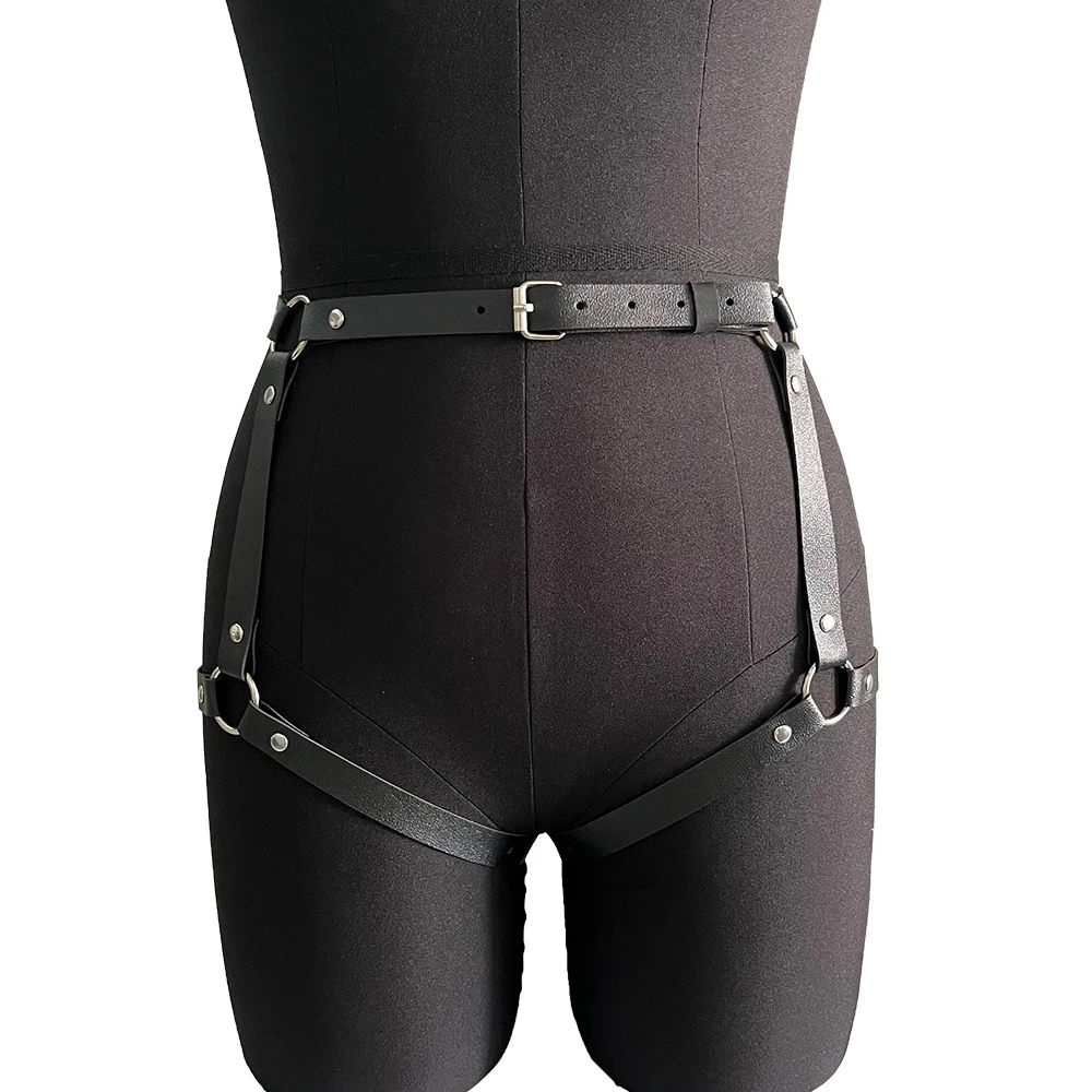 Women Sexy Bow Thigh Garter Gothic Leather Lingerie Bondage Leg Harness Adjustable Fetish Hip Harness High Waist Stocking Belt