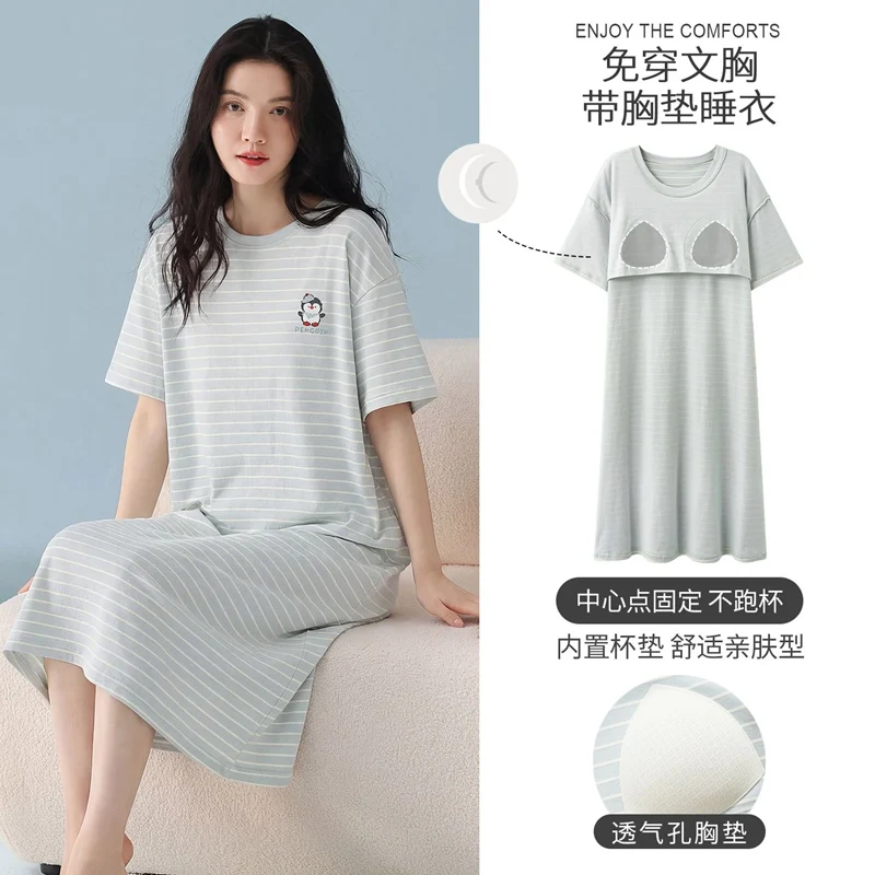 

Летние женские ночные сорочки 2026 года с коротким рукавом, 100% хлопок, повседневные, в полоску, корейский свободный крой, для сна