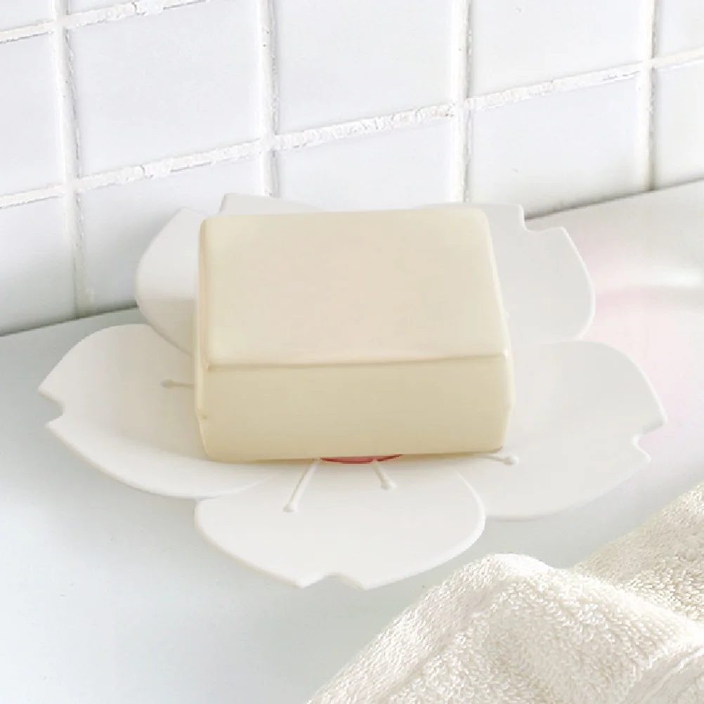 

2pcs Soap Box Soap Dish Cherry Blossom Flower Draining Holder Plastic Plate For Bathroom Kitchen Travel Home Office Use White
