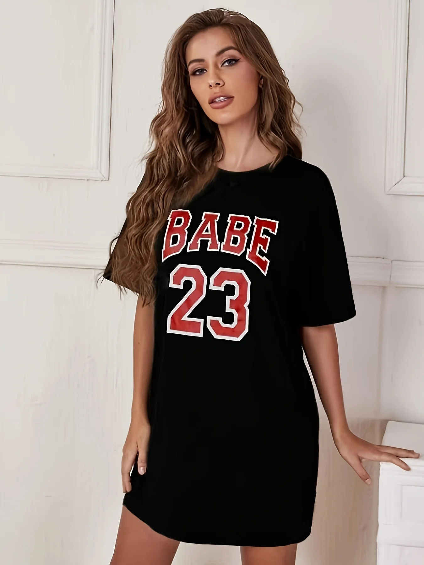 

Plus Size Women's Casual "BABE Graphic Print T-Shirt Dress Short Sleeve Summer Relaxed Style Relaxed Fit Dress Playful Print Dre