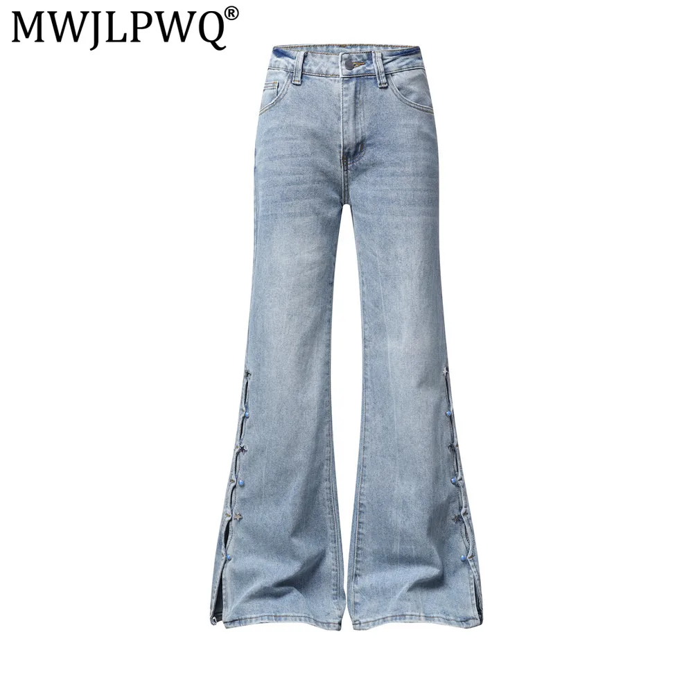 MWJLPWQ Washed Distressed Flared Jeans For Men Unique Hippie Style Trendy Niche Design Side Slit Autumn Casual Trousers 20891