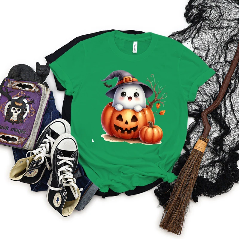 Camiseta divertida de manga corta para Halloween para mujer, camiseta gráfica de fantasma de calabaza, camisa de regalo de fantasma lindo, Tops clásicos de terror de Halloween Retro