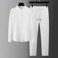 Spring/Summer New Casual Light Thin Set For Men Stripe Standing Neck Man Shirt Paired With Pants Style White Suit 2024 Autumn
