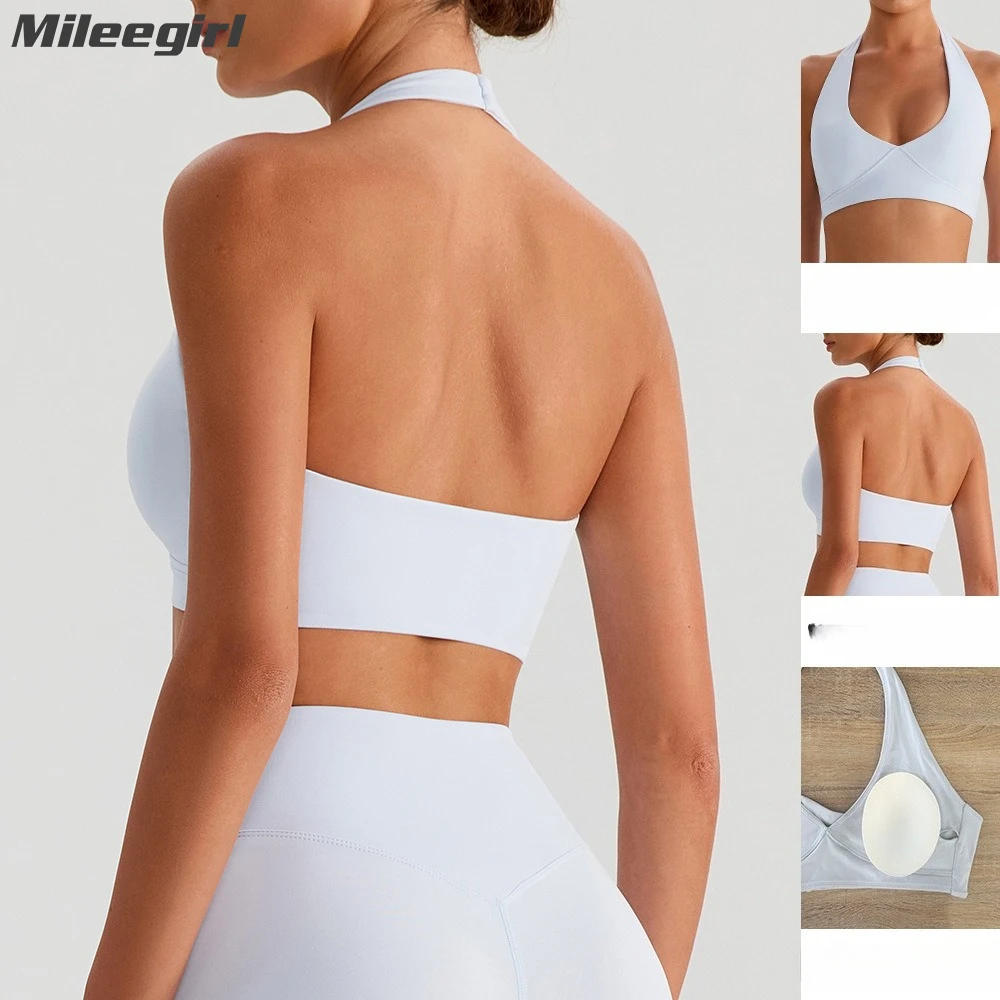 

Mileegirl V Neck Women Yoga Bras with Pads Backless Sports Crop Tops Wide Hem Gym Fitness Halter Quick Dry Elastic Workout Tops