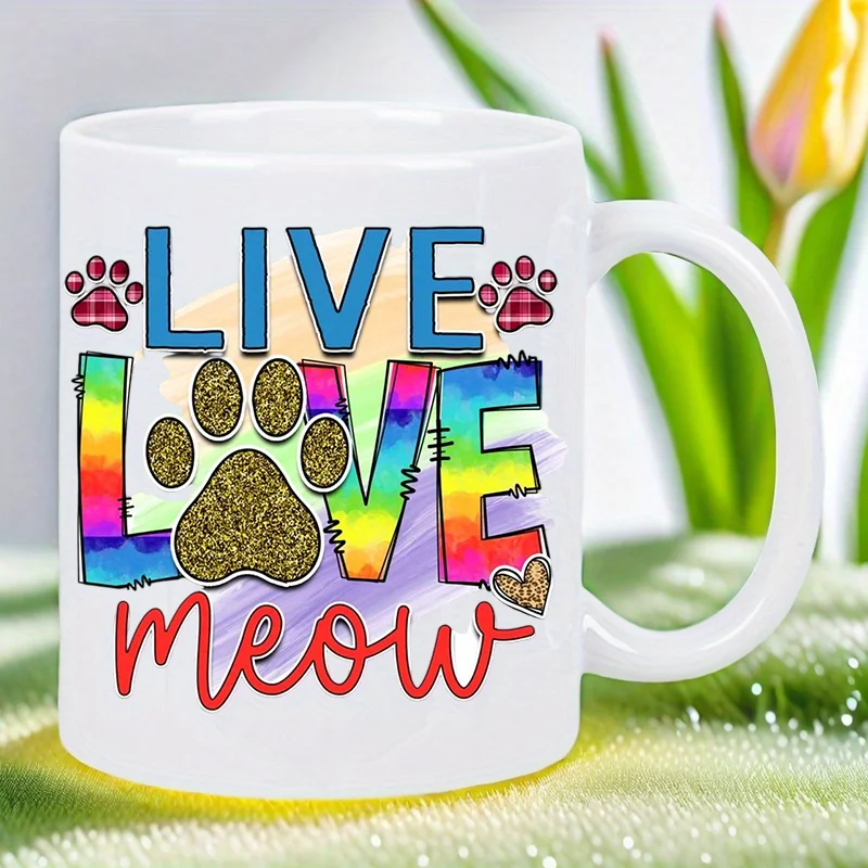 

Live Love Meow Cat Paw Print Радужная керамическая белая кружка — только ручная стирка, многоразовая, многоцелевая, не требуется электричество, идеально подходит для