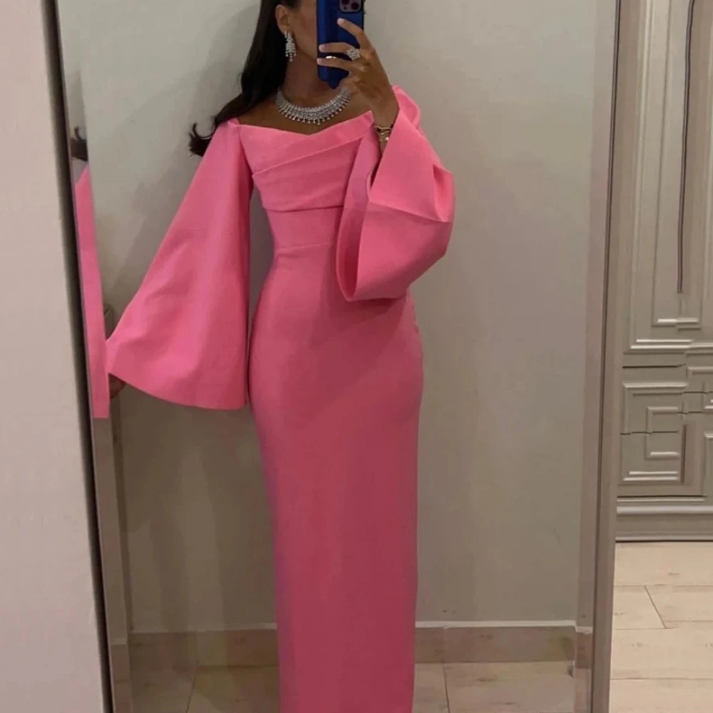 Bright Pink Ladies Off Shoulder Elegant Evening Dress Saudi Arabia Mermaid Ball Party Dress Long Sleeve Maxi Dress