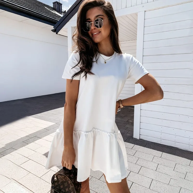 New Women\'s Elegant Solid Color Dress Short Dresses Loose Casual Round Neck Short Sleeves Ruffles O-Neck Ladies Party Streetwear