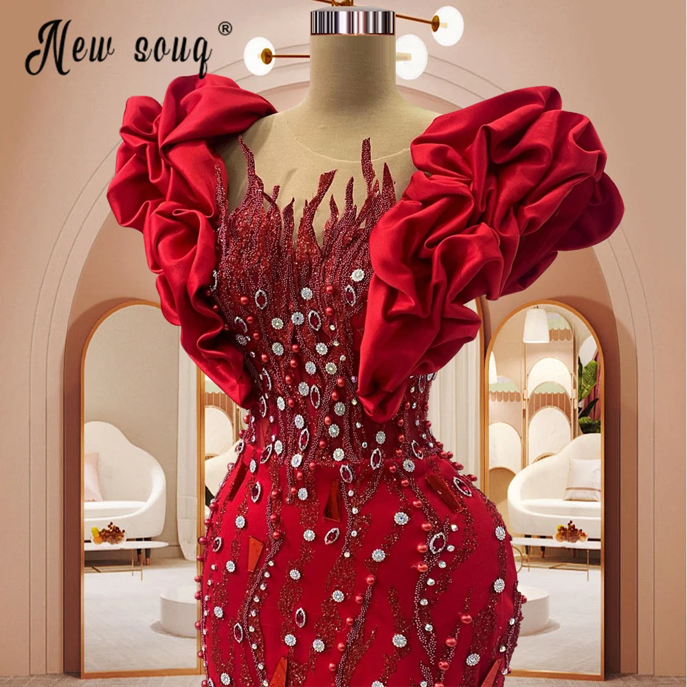 Luxury 2023 Red Long Prom Dress Beaded Mermaid Ruffles Sleeve Evening Dresses Arabic Plus Size Celebrity Dresses Robe de Mariée